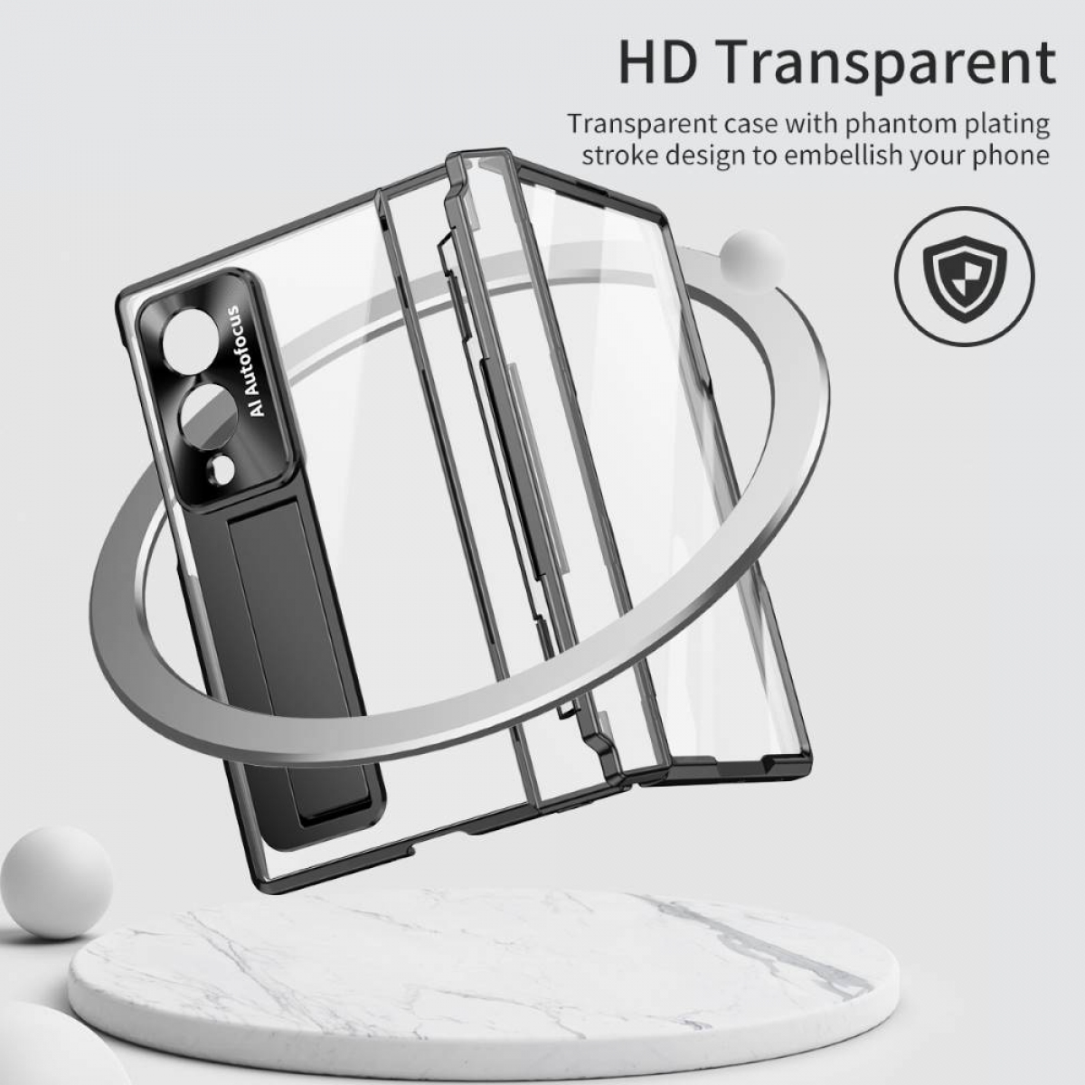 Transparente Handyhülle mit Blitz-Design und Ständer.