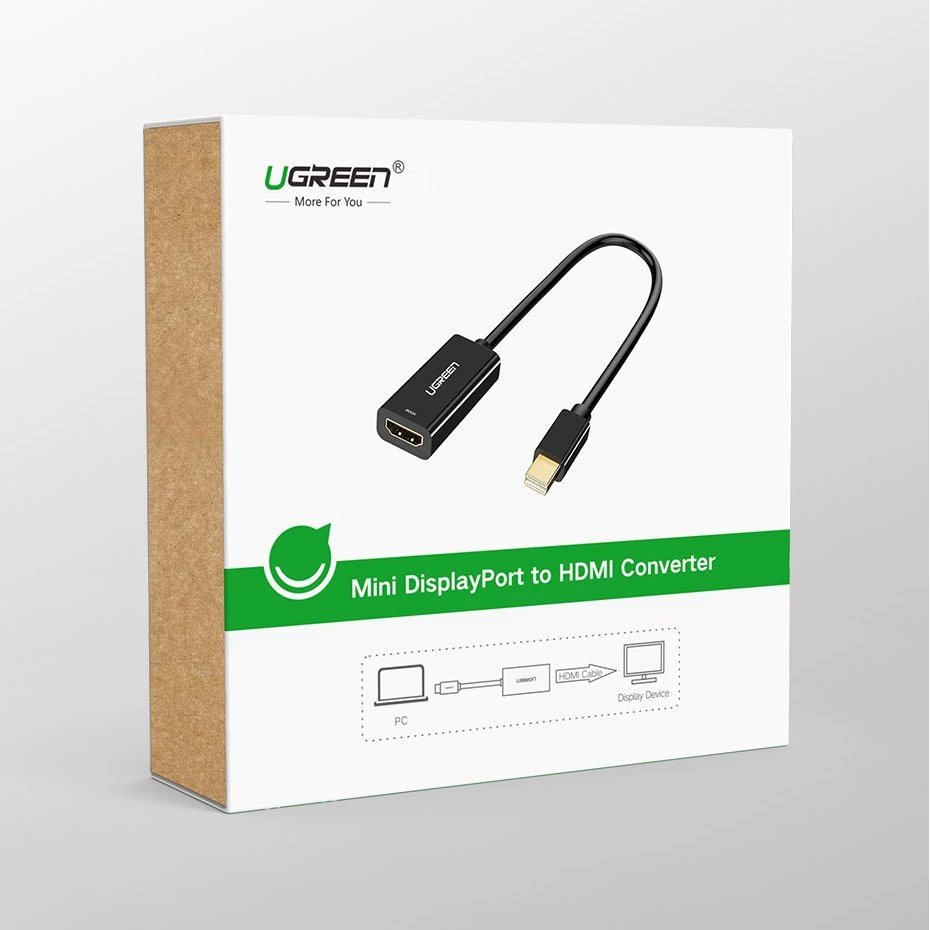 Convertitore UGREEN Mini DisplayPort a HDMI su scatola bianca con schema.