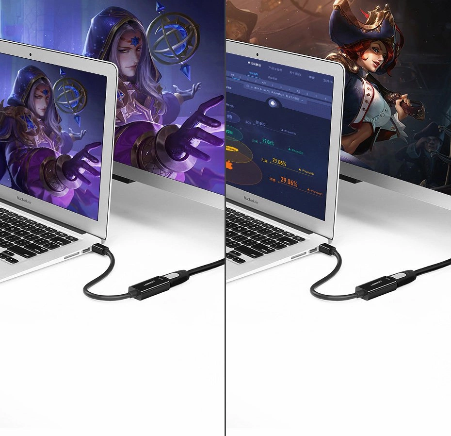 Due laptop con grafica di gioco, collegati via cavo.