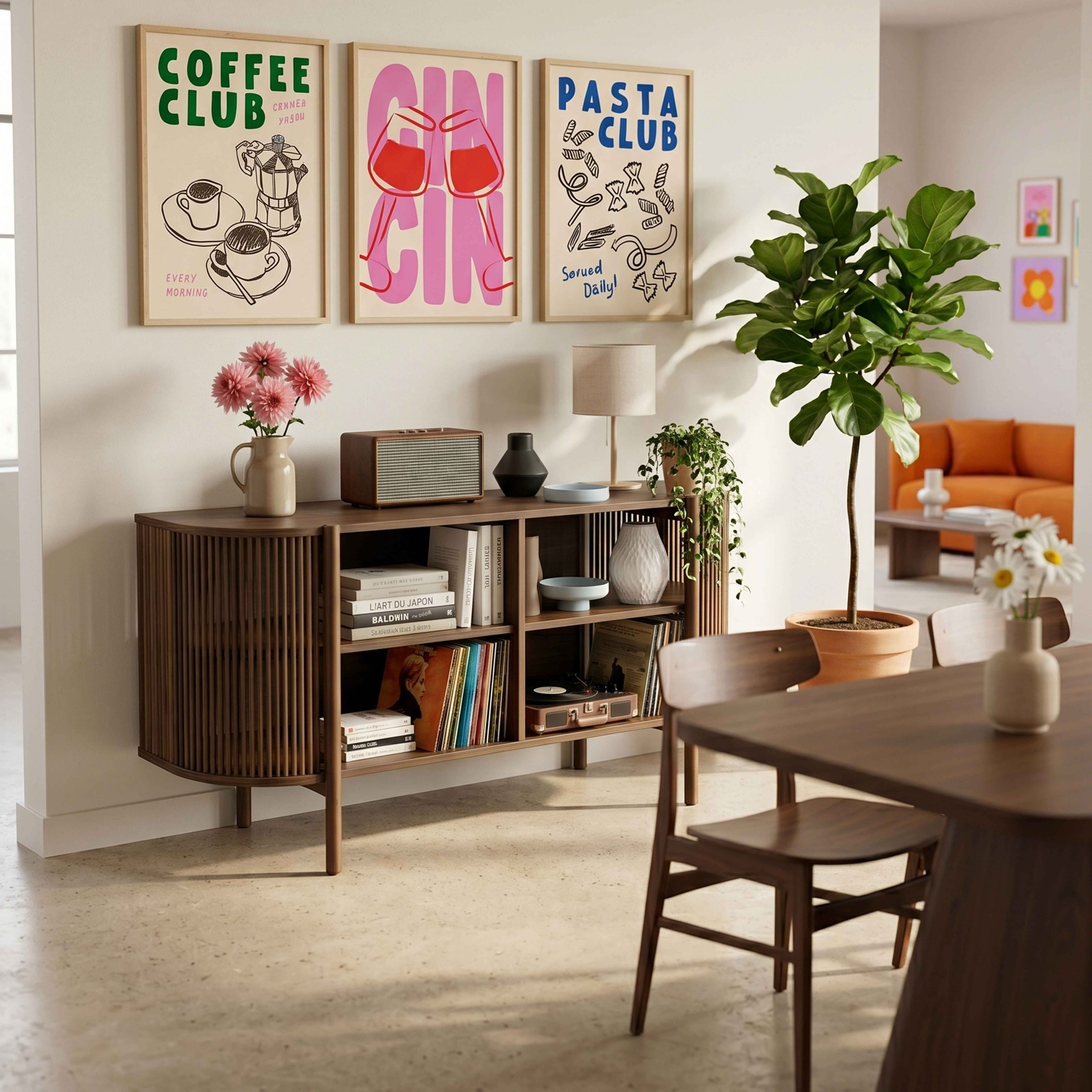 Drei gerahmte Poster mit "Coffee Club", "Gin" und "Pasta Club" über einem Holzschrank.