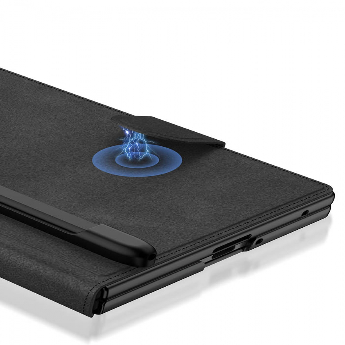 Eine schwarze Handyhülle mit Magnetverschluss und Stifthalter, die einen blauen Blitzeffekt für den Magneten zeigt.