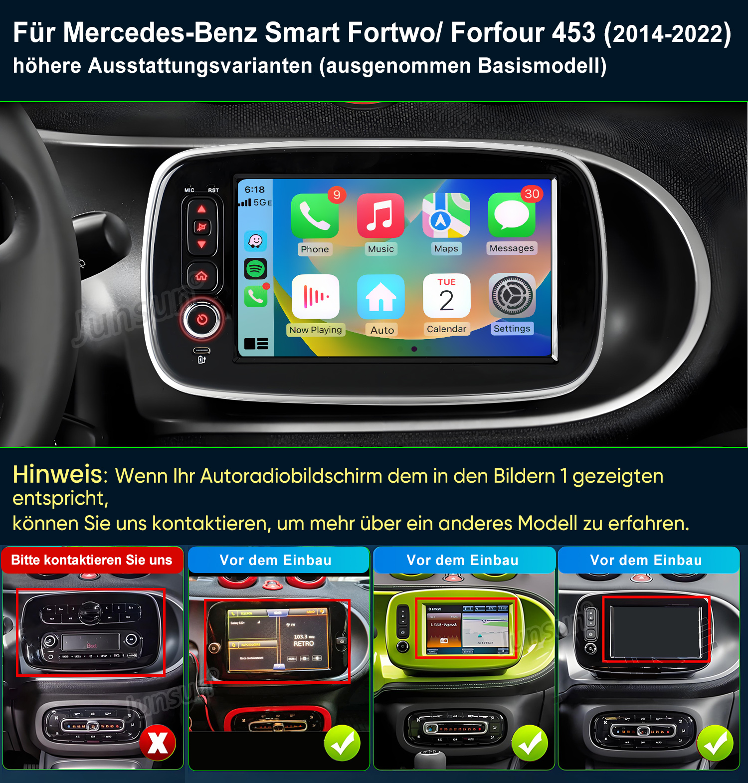 Ein Auto-Armaturenbrett mit einem großen Touchscreen, der Telefon-Apps wie Telefon, Musik, Karten, Nachrichten und Kalender anzeigt.