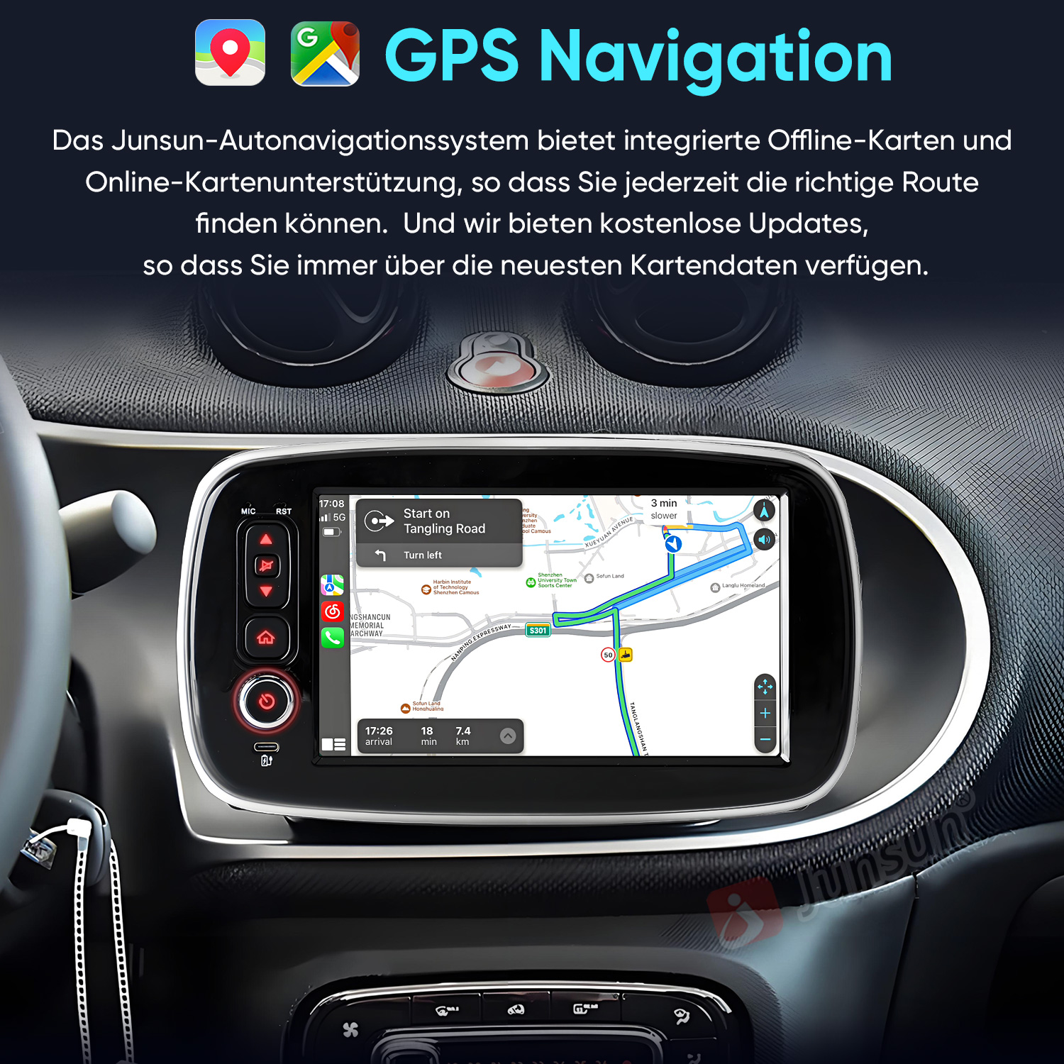 Armaturenbrett mit GPS-Navigationsbildschirm, der die Route auf einer Karte anzeigt.