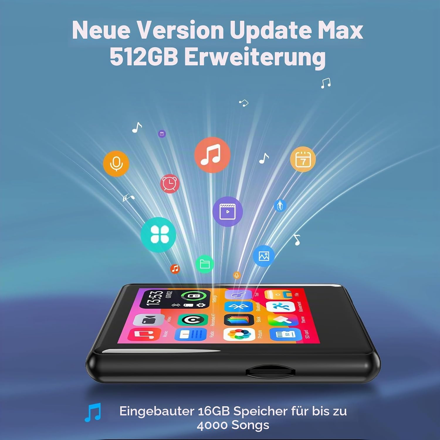 Ein schwarzer Mediaplayer zeigt bunte App-Symbole, die von oben herabstrahlen.