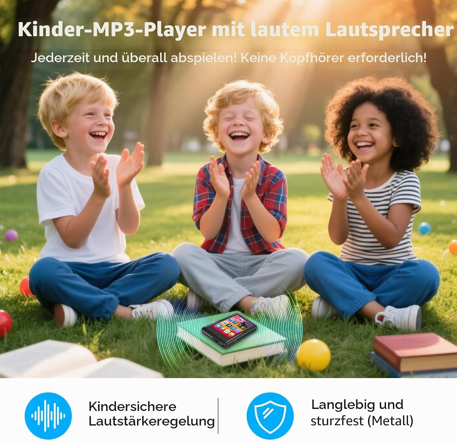 Drei glückliche Kinder klatschen draußen. Ein MP3-Player liegt auf Büchern und sendet Schallwellen aus.