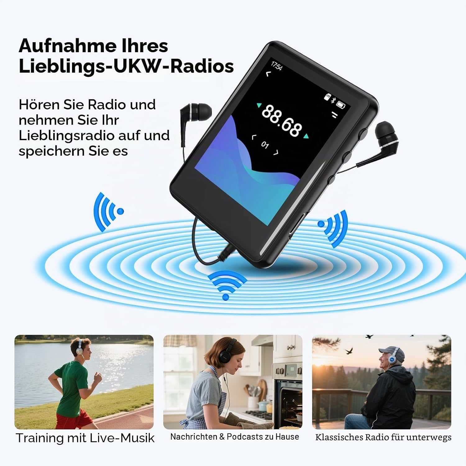 Ein schwarzer Radio-Player mit Kopfhörern und Wellen-Symbolen.