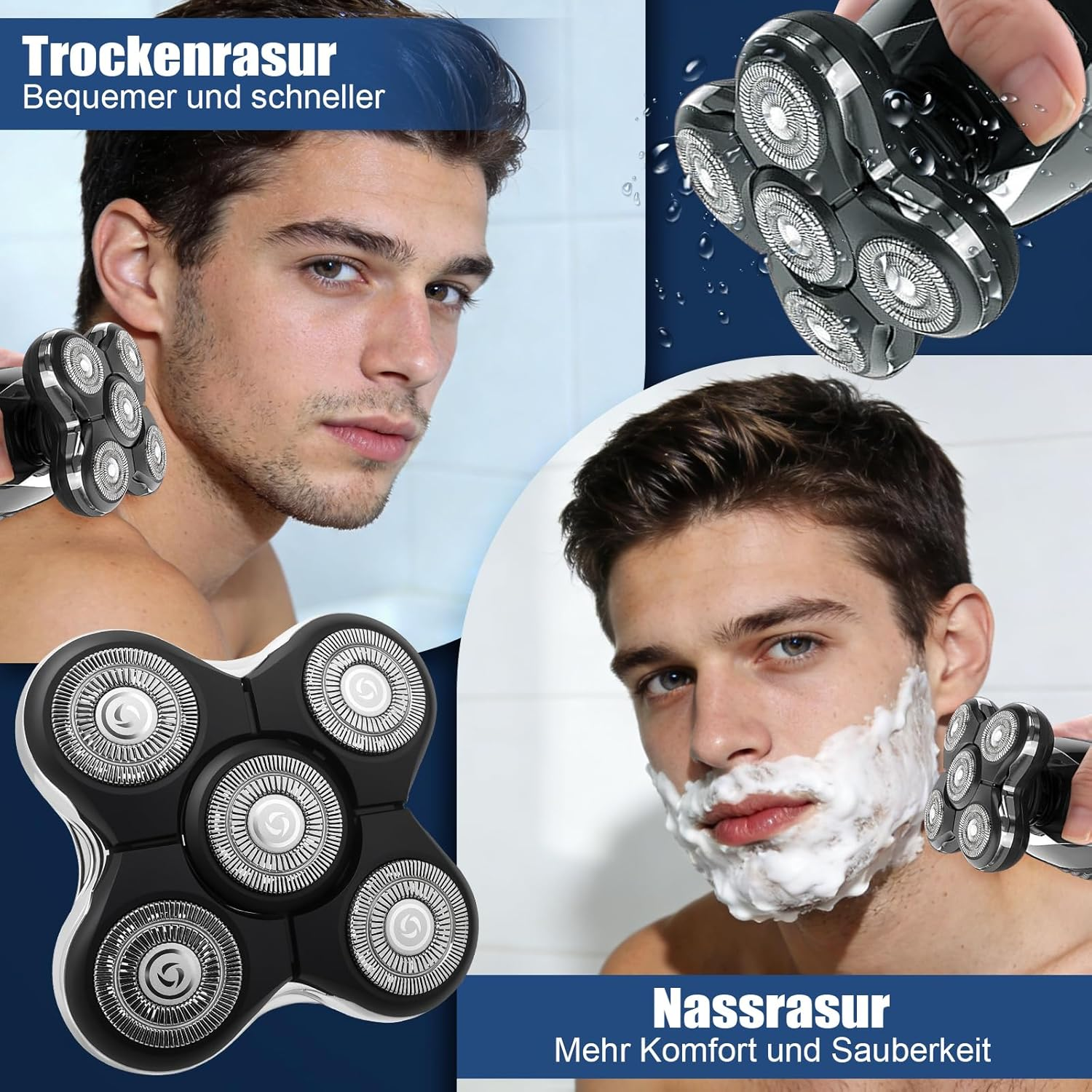 Mann rasiert sich trocken und nass mit einem Elektrorasierer.