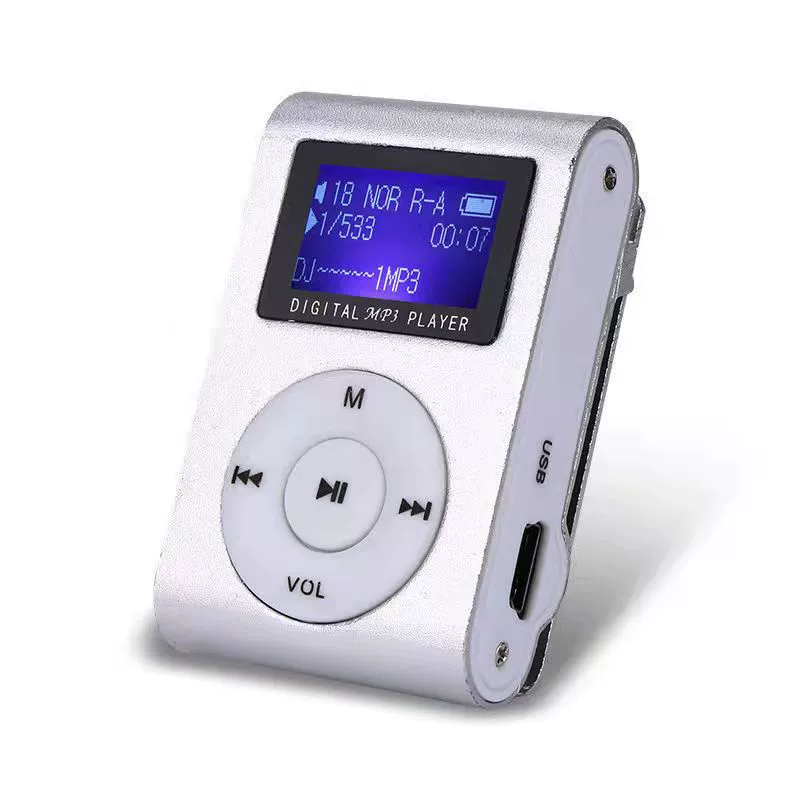 Silberner Digital MP3-Player mit blauer Anzeige und Steuerungstasten.