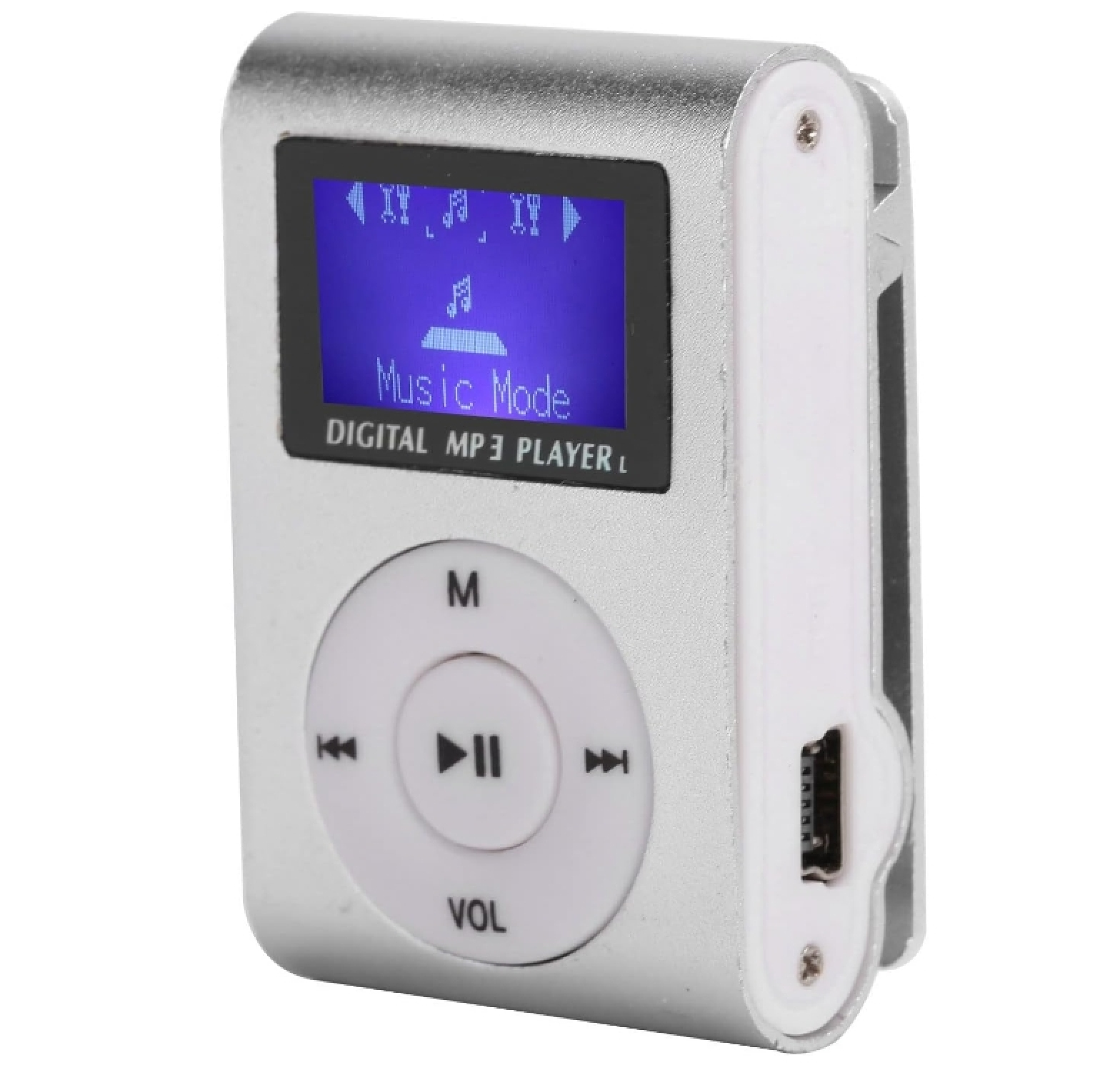 Ein silberner digitaler MP3-Player mit blauem Bildschirm, der „Music Mode“ anzeigt.
