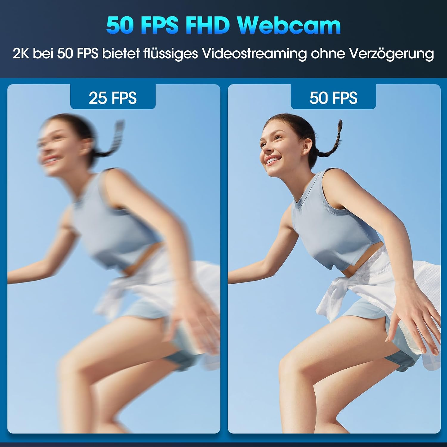 Ein geteiltes Bild zeigt eine rennende Frau, links unscharf (25 FPS) und rechts klar (50 FPS), vor blauem Himmel.