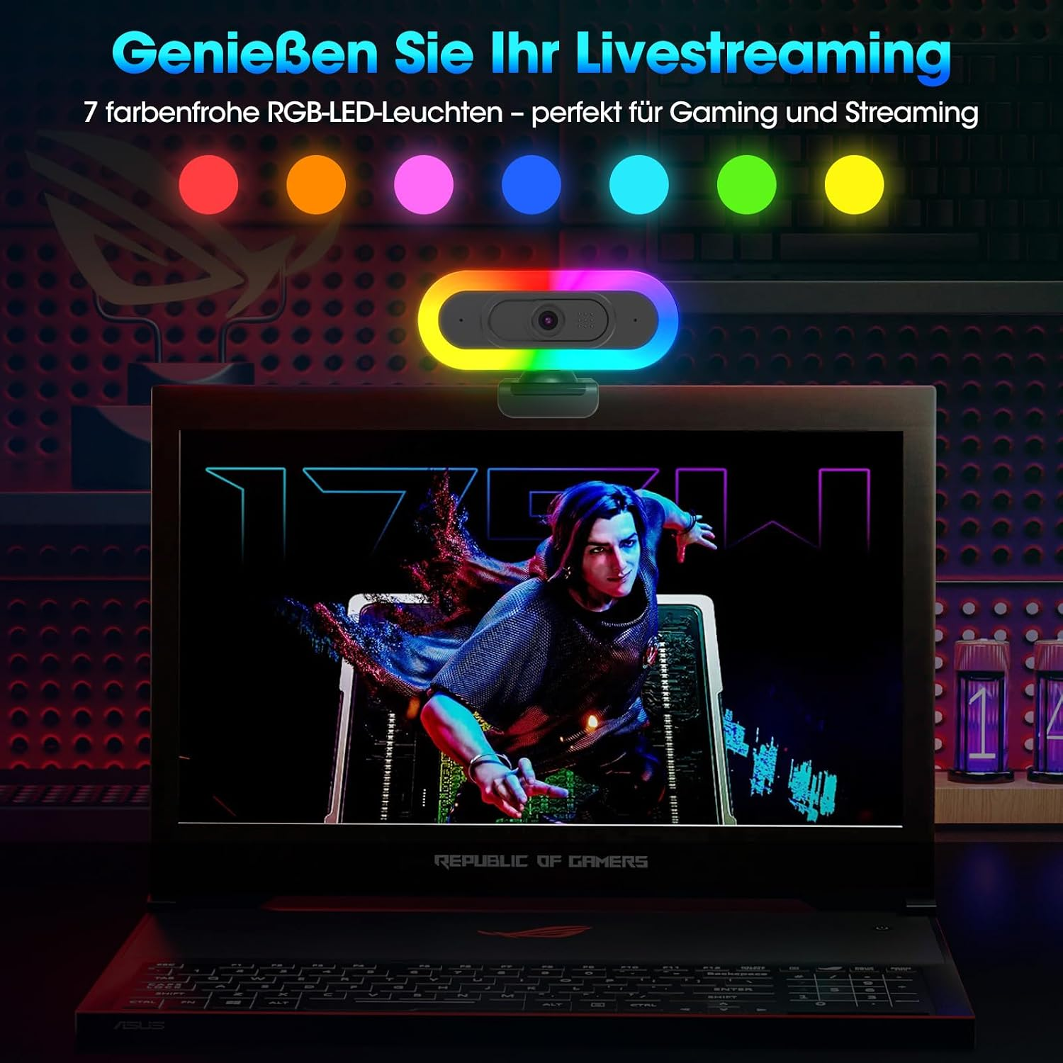 Webcam mit RGB-Ringlicht auf einem Laptop mit Gaming-Motiv. 7 farbige Lichter.