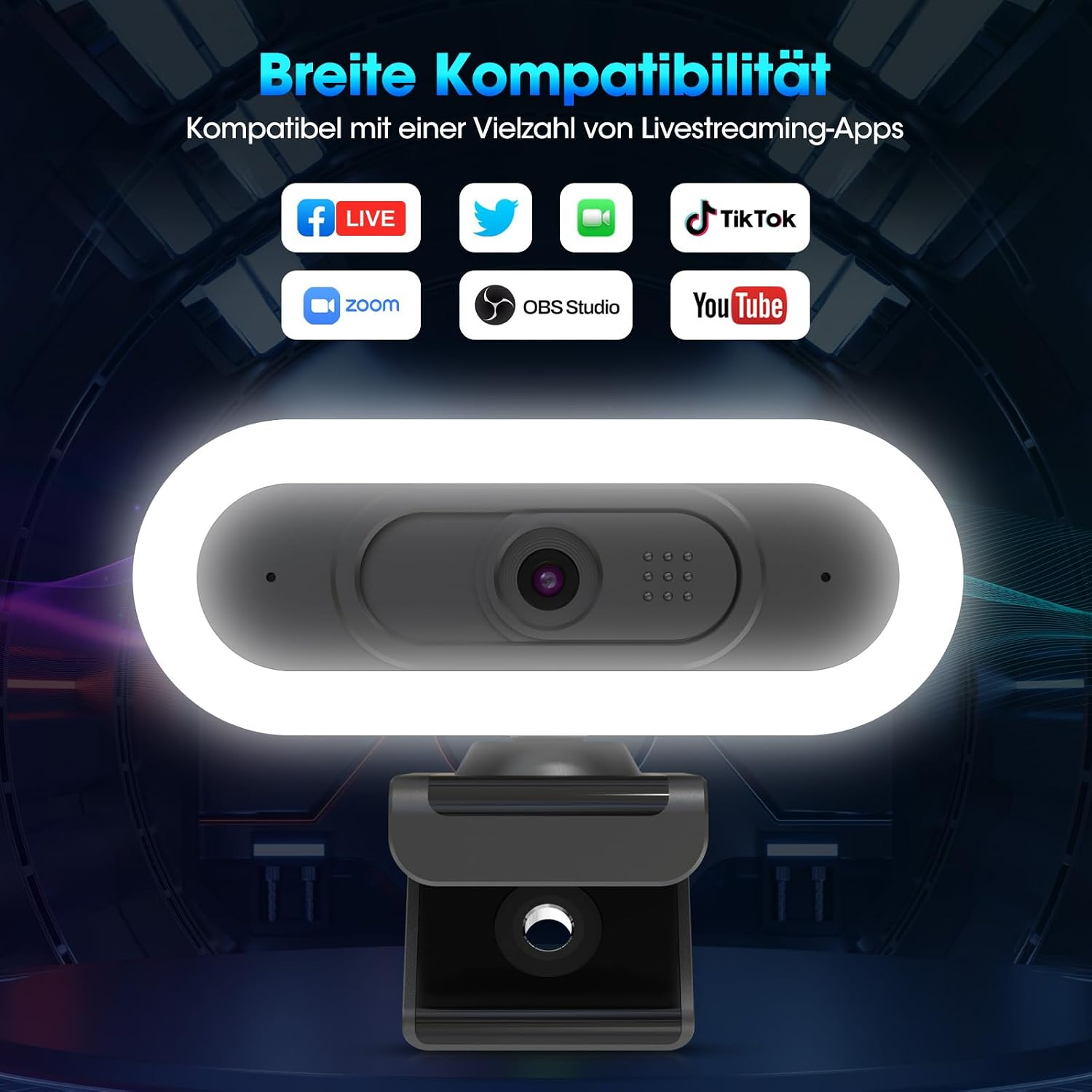 Webcam mit Ringlicht, kompatibel mit Facebook Live, Twitter, Zoom, TikTok, OBS, YouTube.