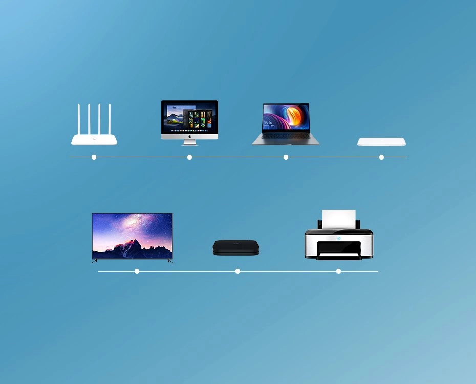 Router, komputer stacjonarny, laptop i router. TV, czarne pudełko i drukarka na niebieskim.