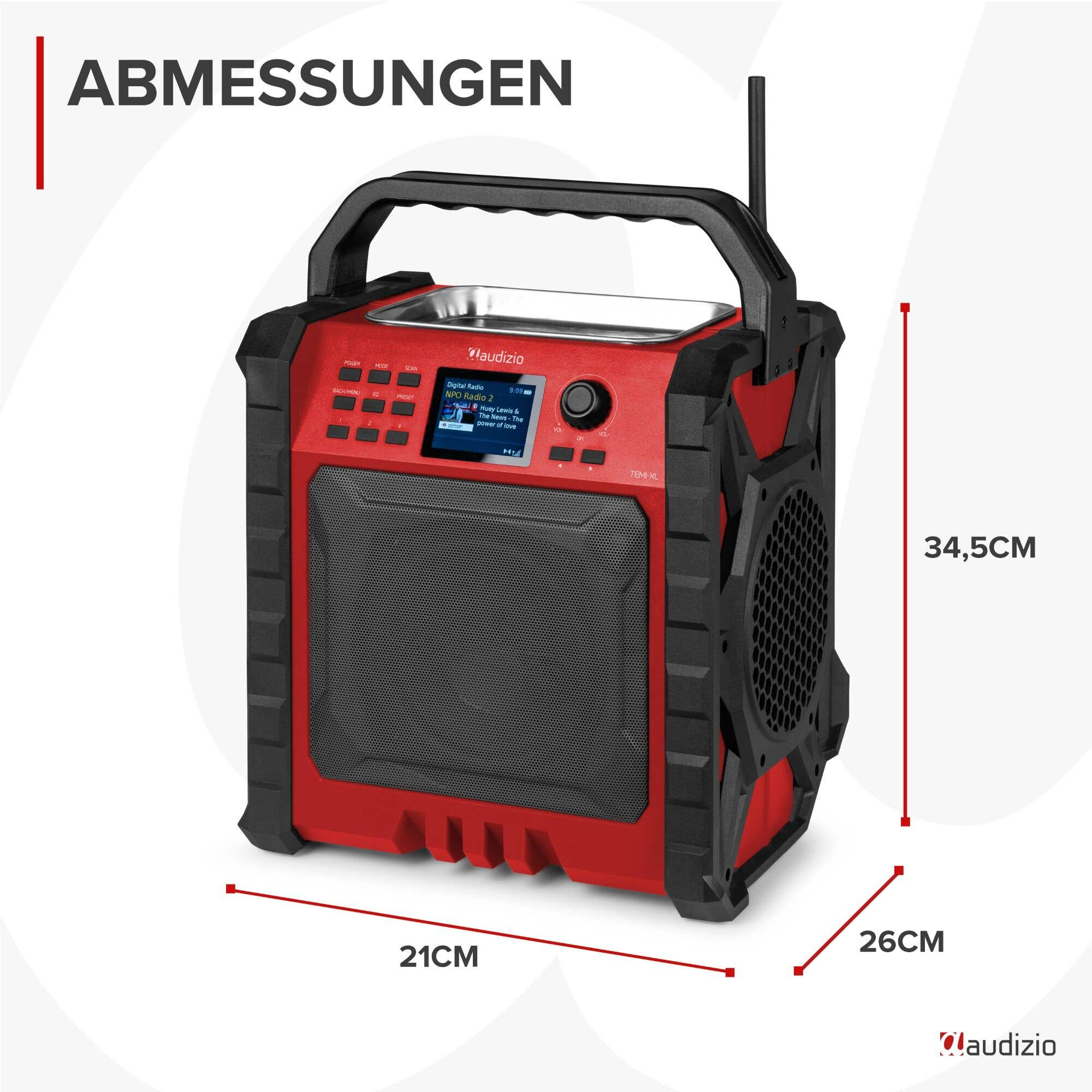 Radio Audizio roja con medidas 21x26x34,5cm y pantalla.