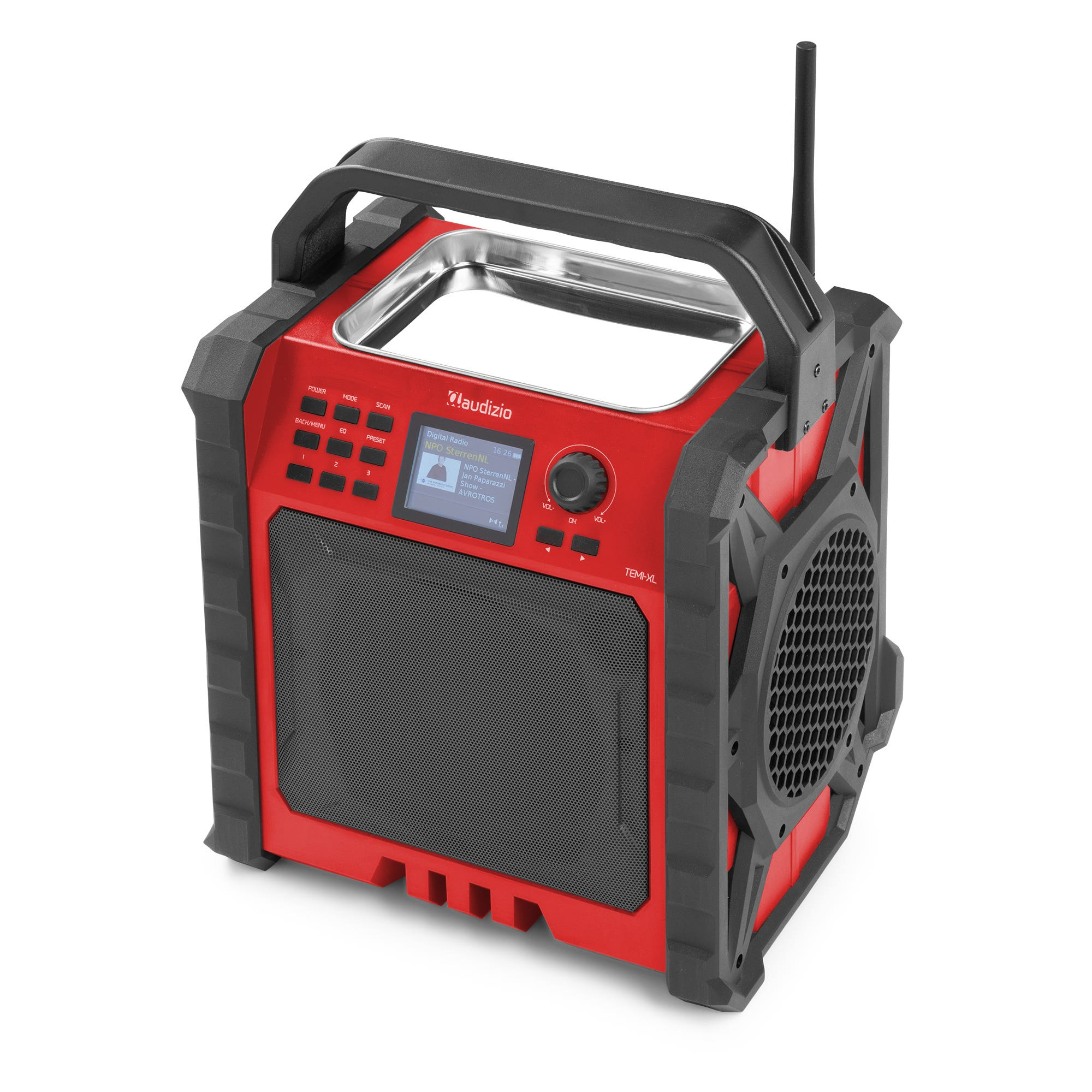 Una radio digital Audizio TEMI-XL roja y negra con asa y antena.