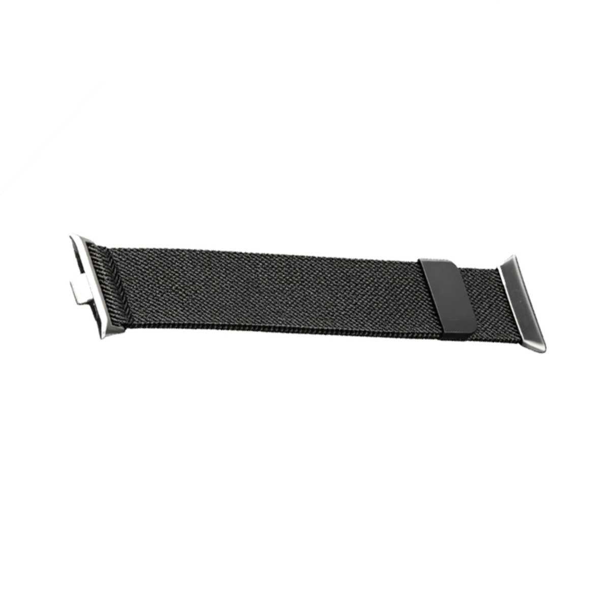 Ein graues Uhrenarmband mit silbernen Anschlüssen und schwarzem Verschluss.