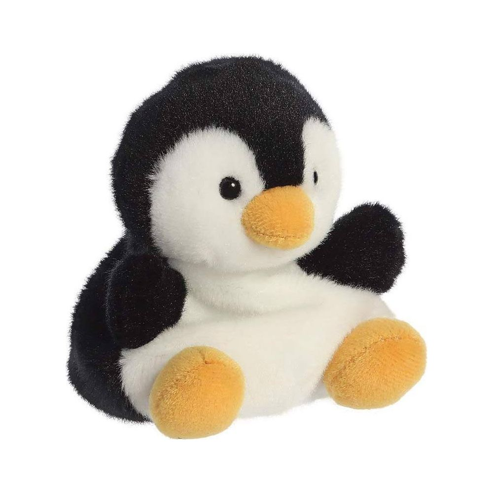 Ein flauschiger, sitzender Plüschpinguin mit schwarzen Flügeln und weißem Bauch.