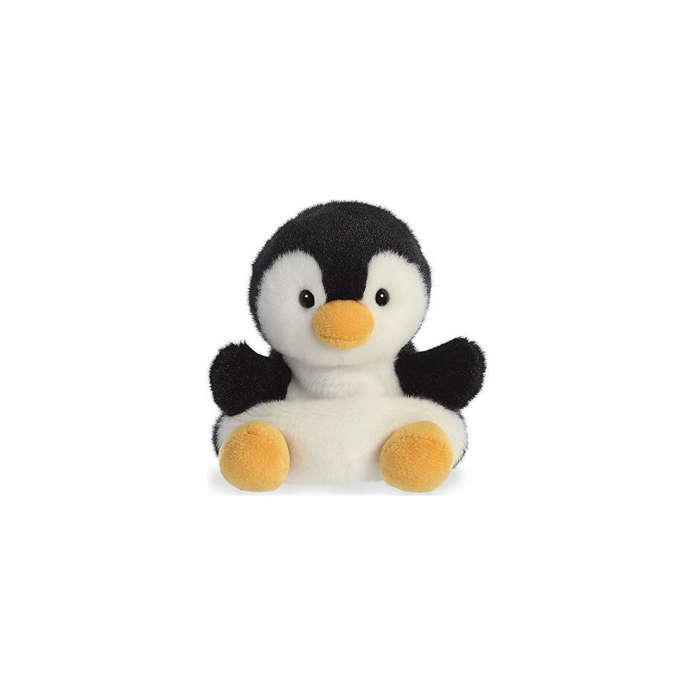 Ein schwarz-weißer Plüschpinguin mit orangefarbenem Schnabel und Füßen, aufrecht sitzend vor einem schlichten weißen Hintergrund.