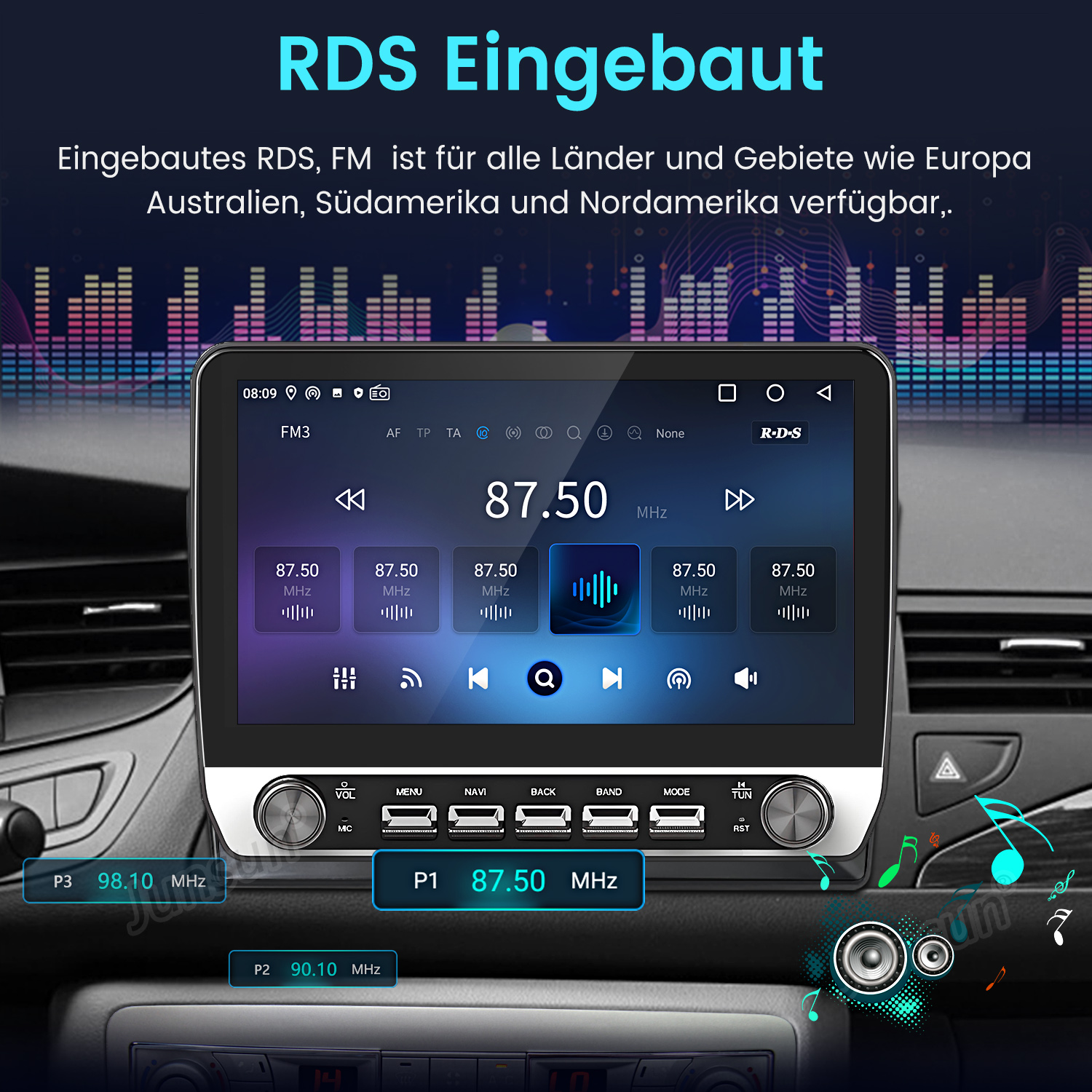 Ein Autoradio mit RDS-Anzeige zeigt 87.50 MHz an, mit Schnelltasten für 98.10 und 90.10 MHz.