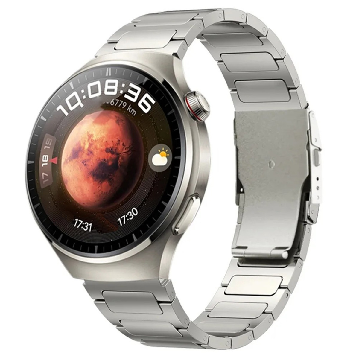 Silberne Smartwatch mit Metallarmband zeigt Mars und Wettersymbole. Uhrzeit 10:08:36.