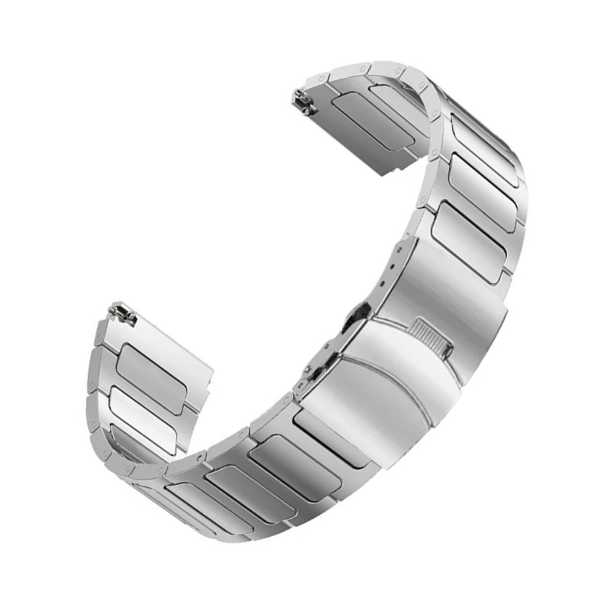 Ein glänzendes, silbernes Metallarmband für eine Uhr, auf weißem Hintergrund.