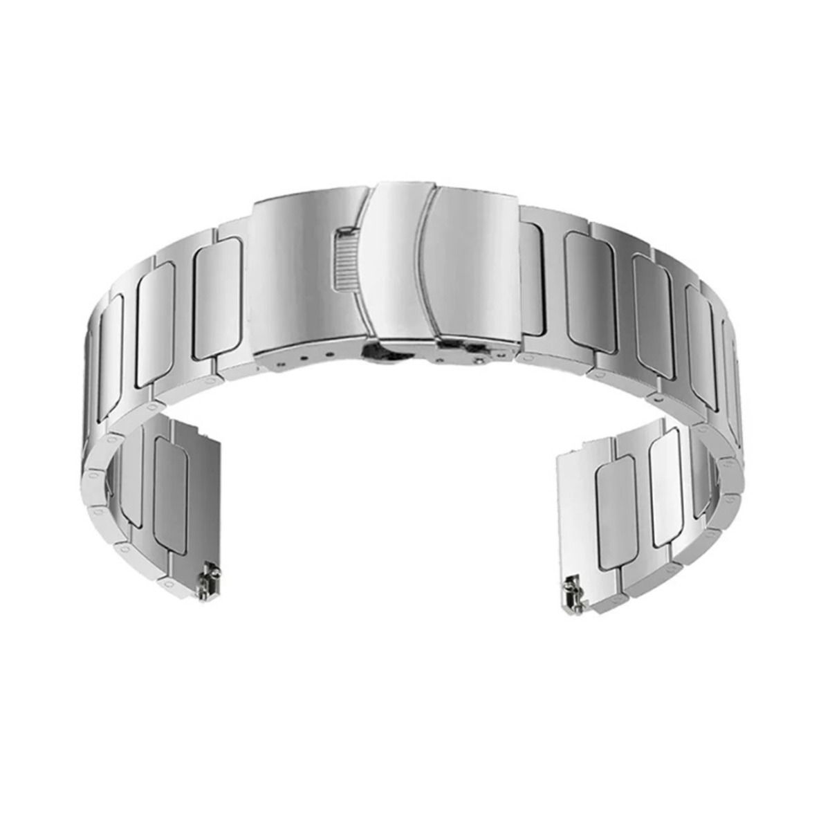 Ein silbernes Metalluhrenarmband mit einem Faltschloss.