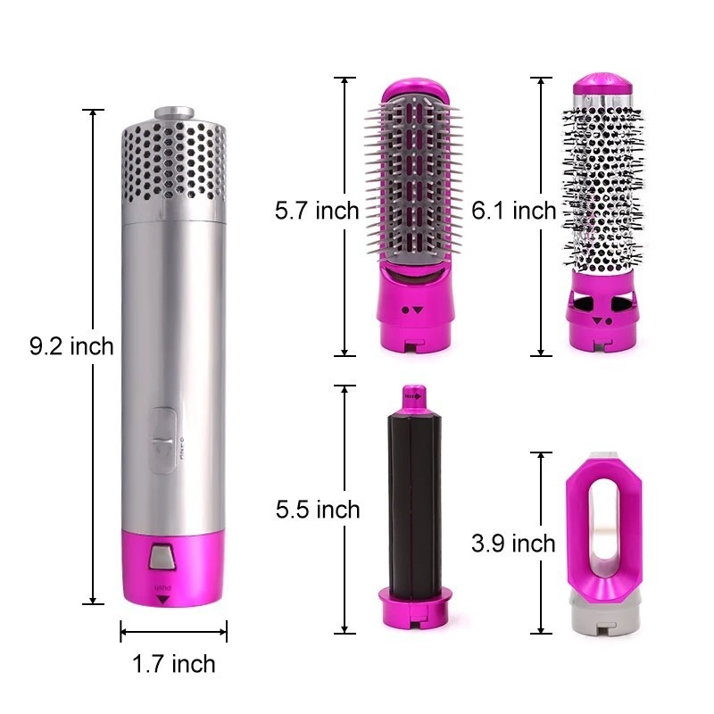 Rosa und silbernes Haarstyling-Kit mit angezeigten Aufsätzen und Maßen.