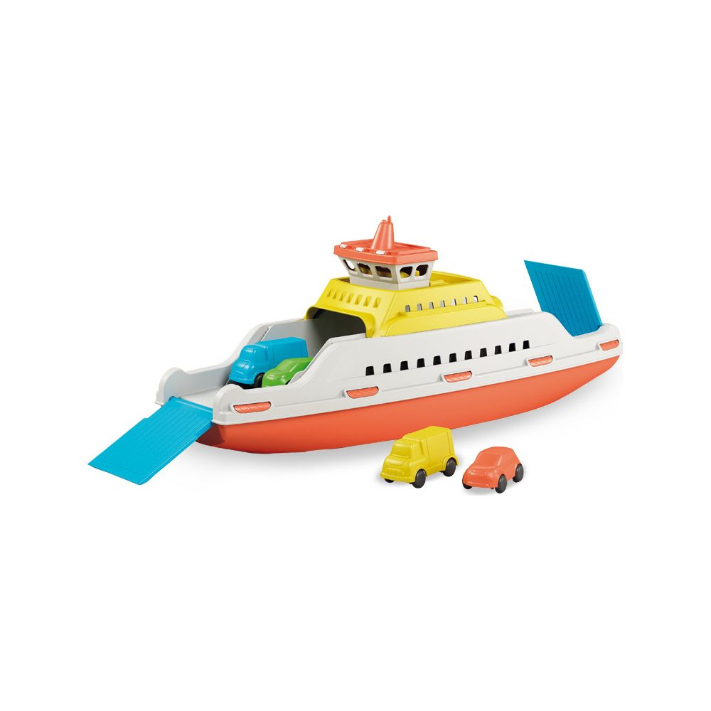 Ein Spielzeug-Fährboot mit gelber Aufbauten, orangem Rumpf, beladen mit blauen und grünen Autos.