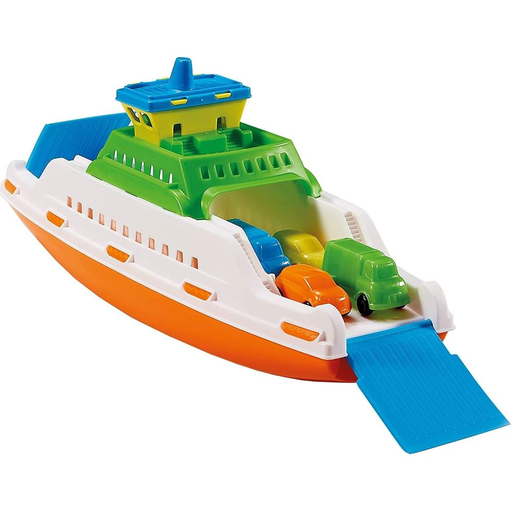 Ein buntes Spielzeug-Fährboot mit drei kleinen Autos und einem LKW.