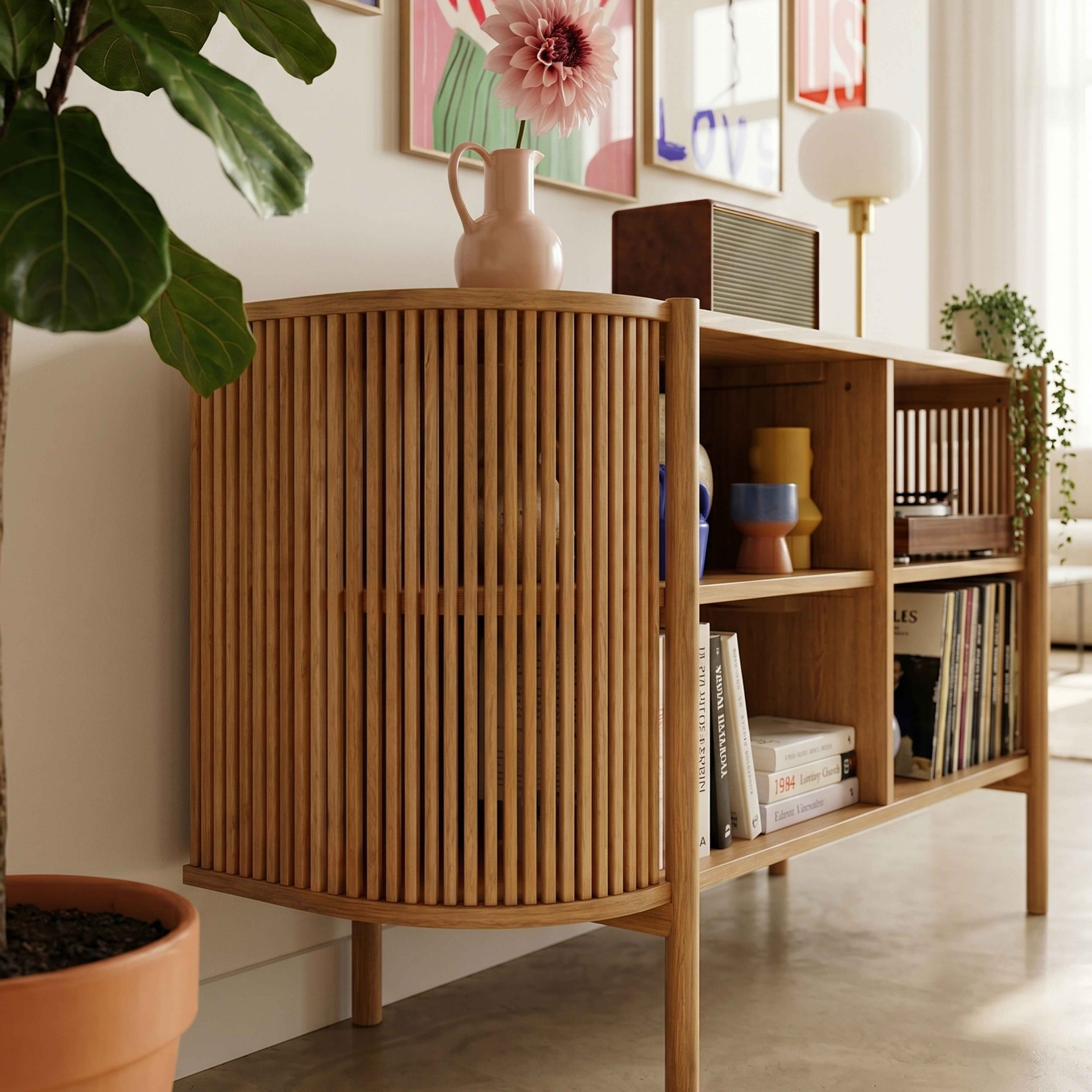 Ein Holzschrank mit Lamellentüren und Regalen, verziert mit einer rosa Blume in einer Vase, Büchern und Pflanzen.