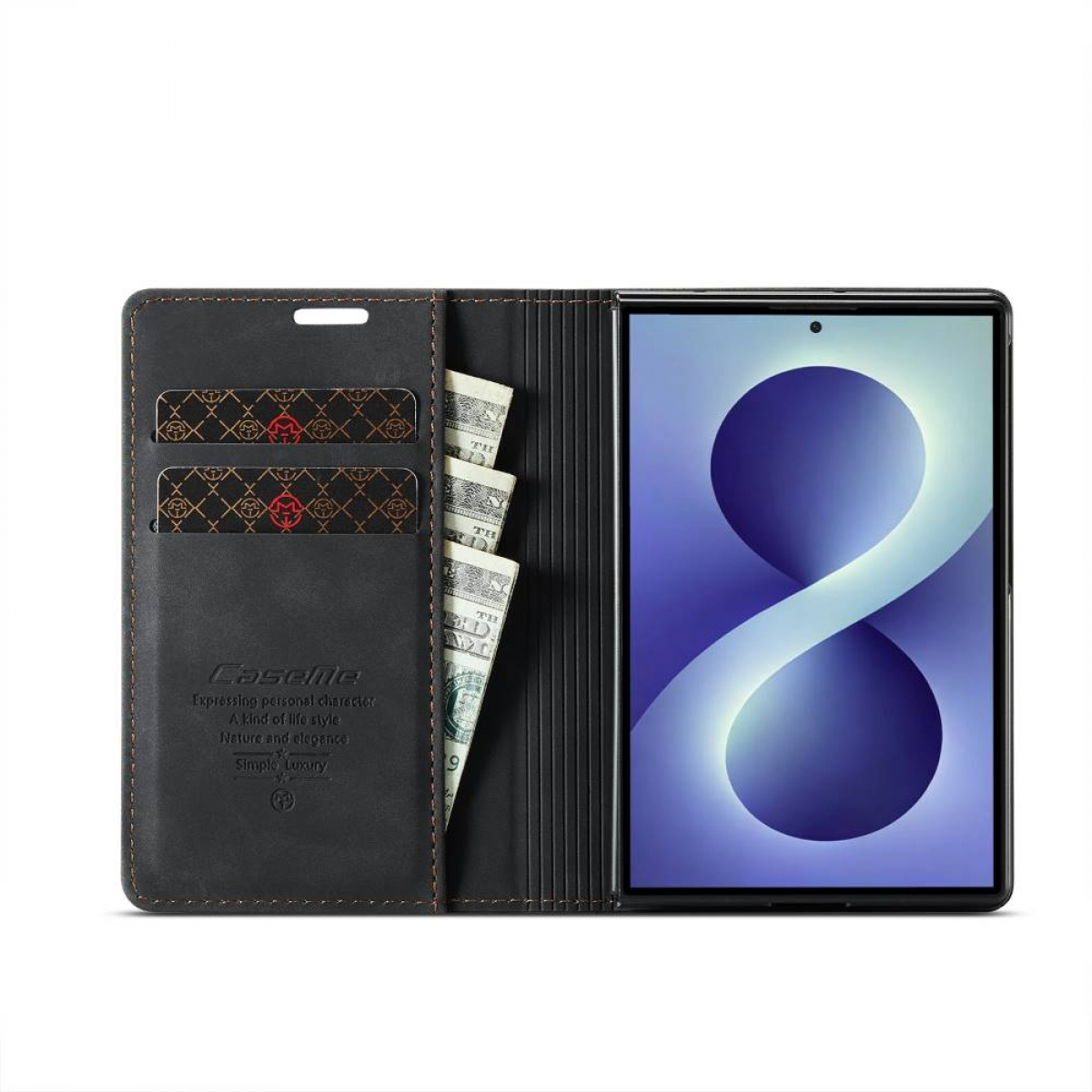Eine schwarze Leder-Handyhülle mit Karten und Geld auf der linken Seite und einem Telefon, das ein blaues abstraktes Design anzeigt, auf der rechten Seite.