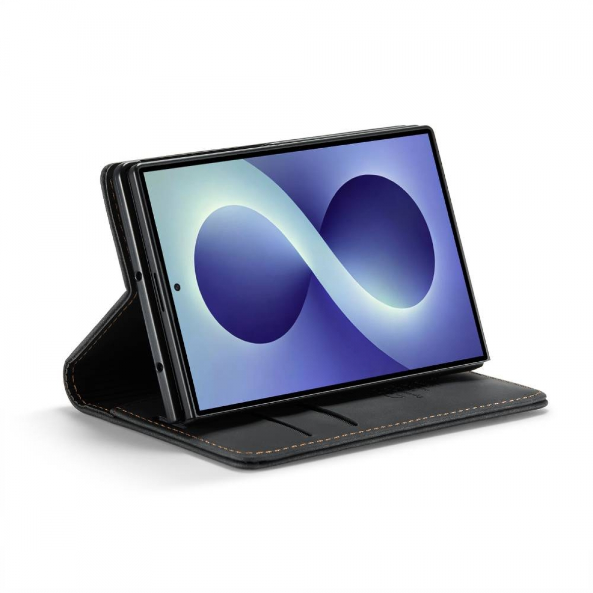 Ein schwarzes Tablet in einer Hülle mit unendlichem Symbol auf dem Bildschirm.