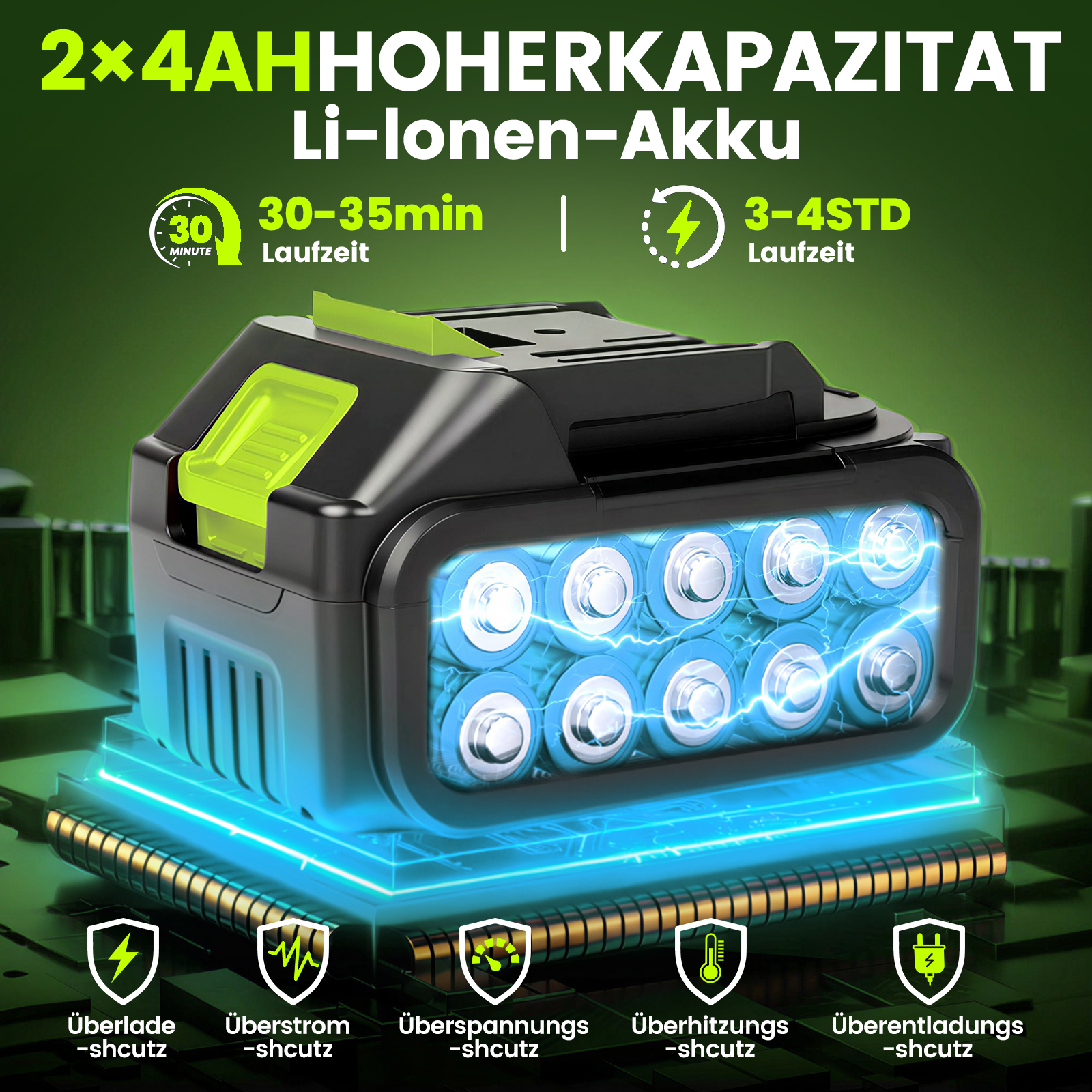 Ein schwarzer Lithium-Ionen-Akku mit grünen Akzenten, gefüllt mit blauen Batteriezellen.