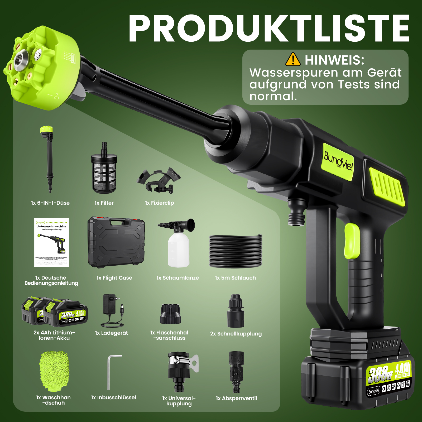 Produktliste: Hochdruckreiniger mit Zubehör wie Düsen, Akkus, Schlauch und Koffer.