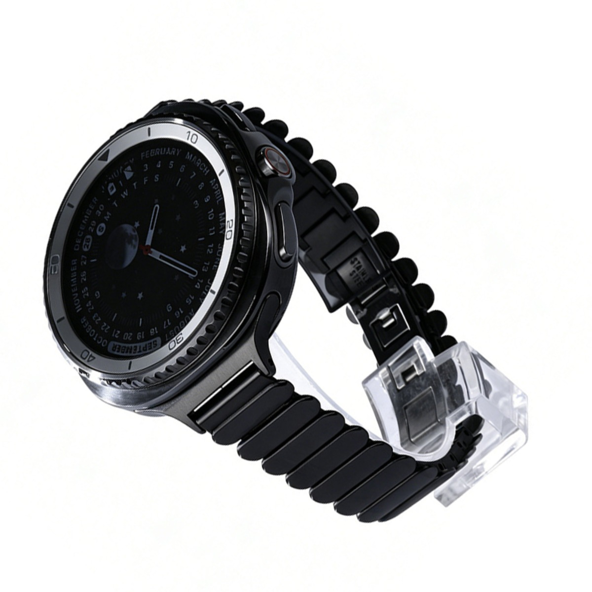 Eine schwarze Smartwatch mit einem Metallarmband und einem runden Zifferblatt.