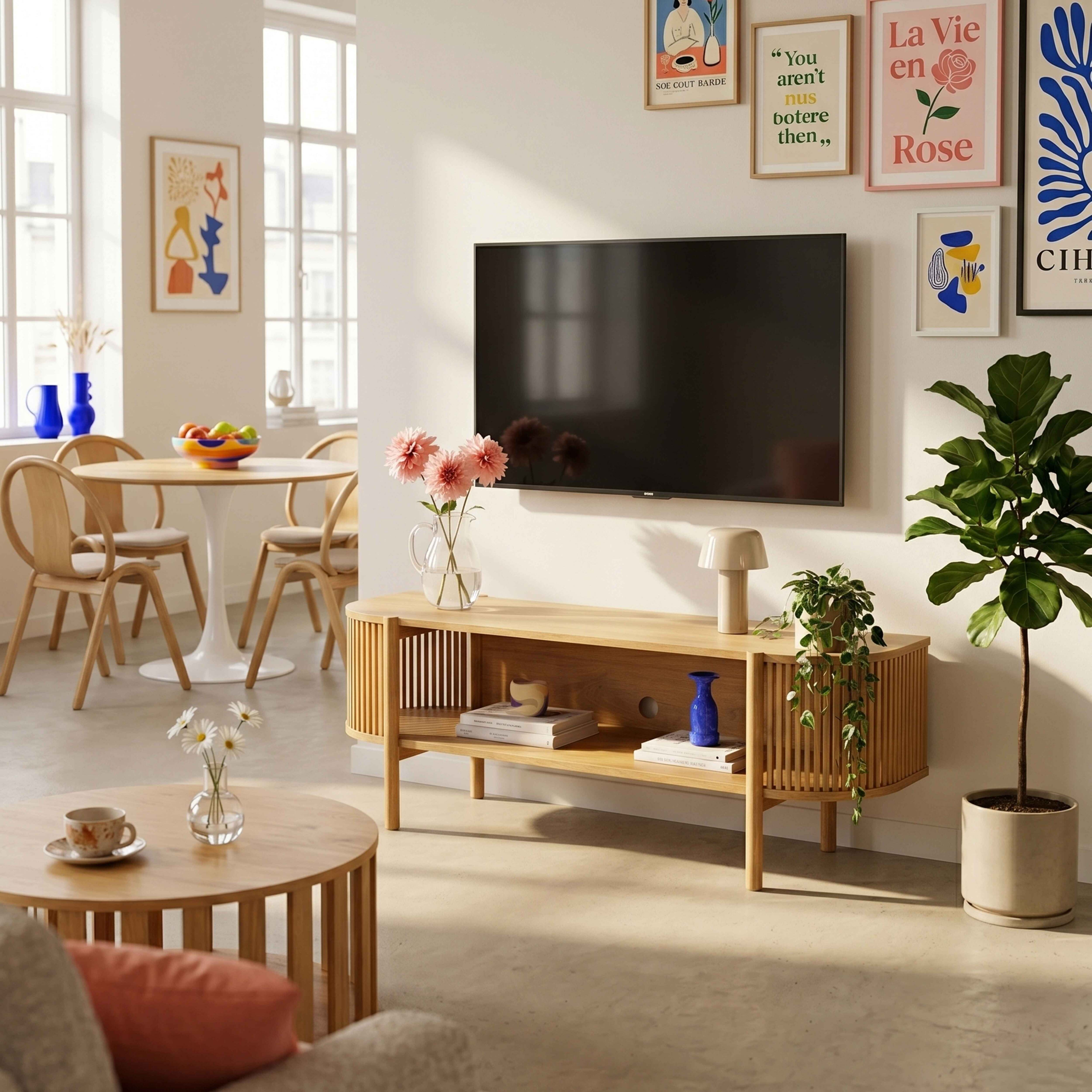 Ein helles Wohnzimmer mit einem Fernseher, einem Sideboard, einem Esstisch und Kunst an der Wand.