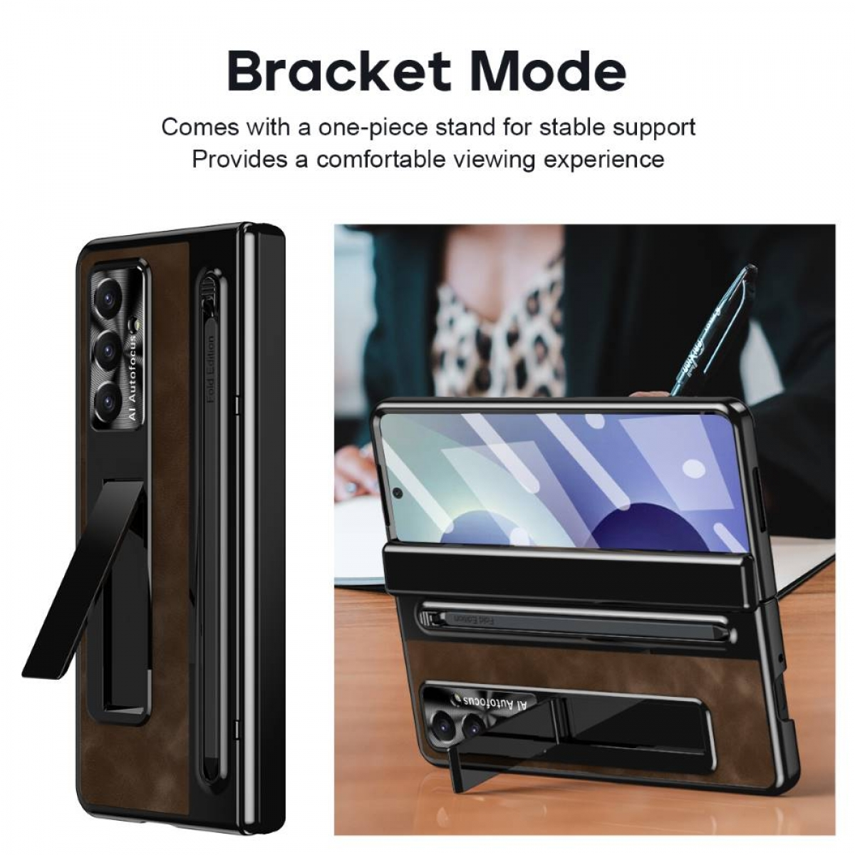 Braune Handyhülle mit Ständer im Bracket-Modus, die stabilen Halt zeigt.