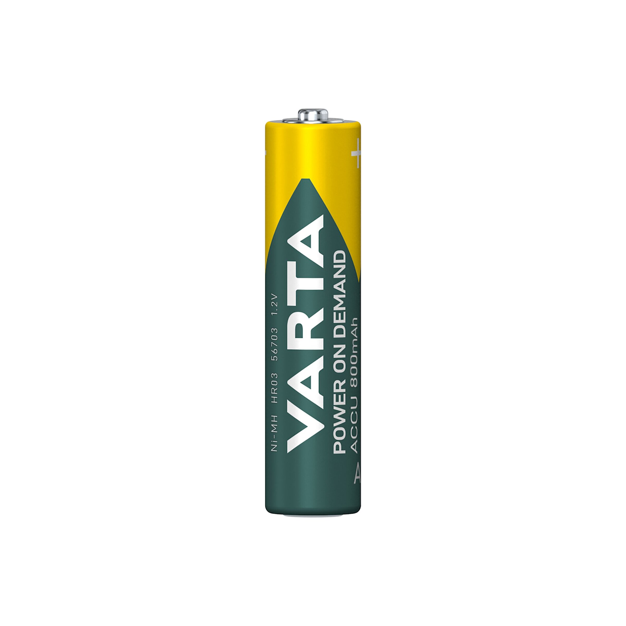 Eine Varta Ni-MH AAA Batterie mit gelbem und grünem Aufdruck.