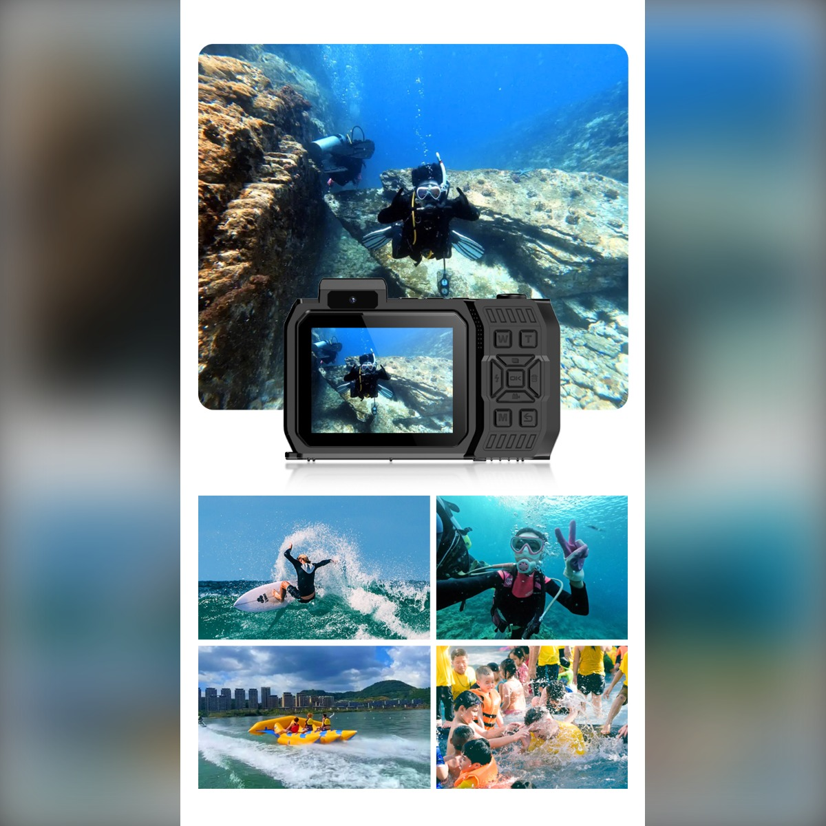 Wasserdichte Kamera zeigt Taucher, Surfer, Bananenboot und Kinder im Wasser.