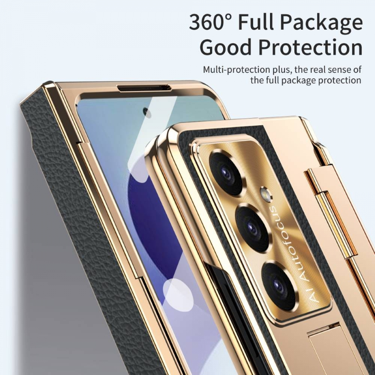 Goldenes Handycover mit 360-Grad-Schutz und Kameramodul.