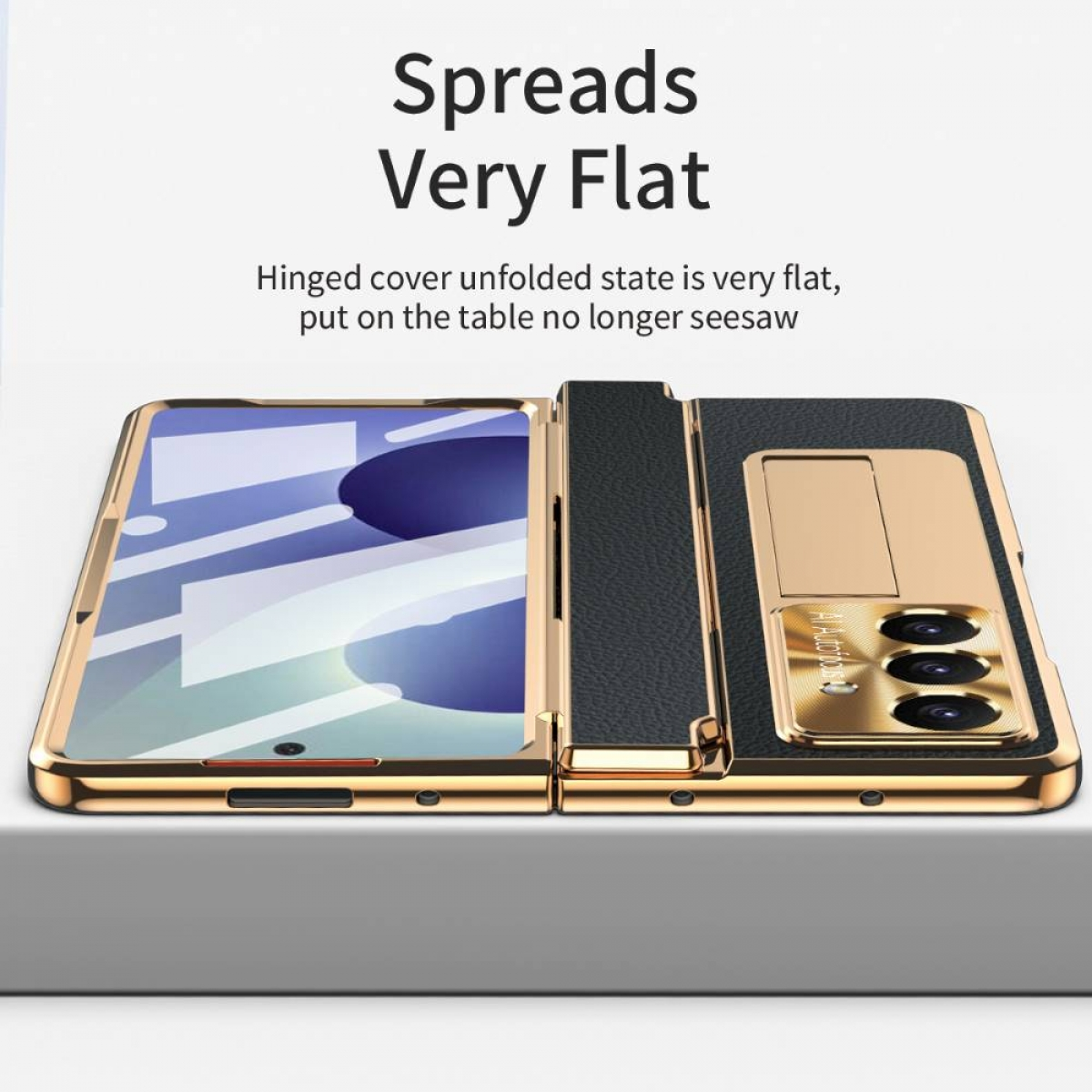 Ein goldener Faltphone-Koffer mit schwarzem Leder und Standfuß.