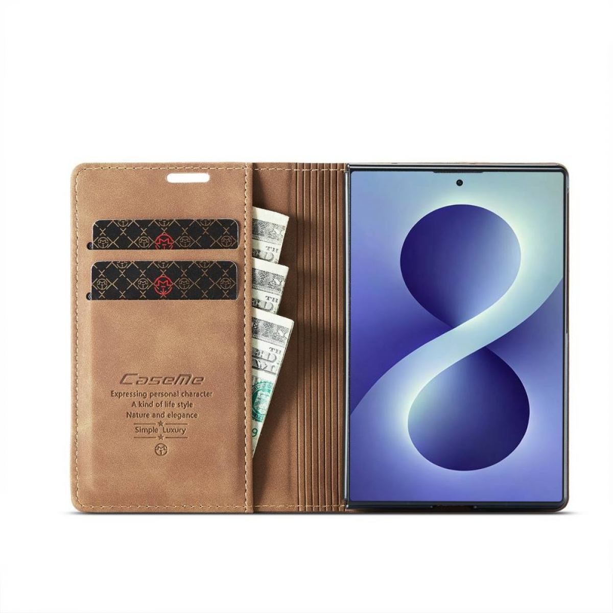Braune Brieftasche mit Karten und Geldscheinen, daneben ein Smartphone mit blauem Hintergrund.