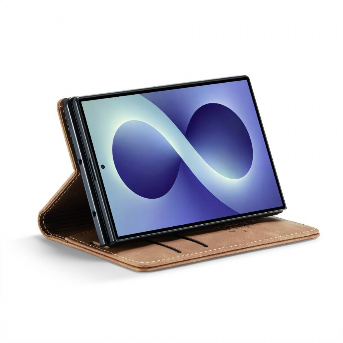 Ein braunes Flip-Case mit einem geöffneten Tablet und einer Unendlichkeitssymbol-Hintergrundgrafik.