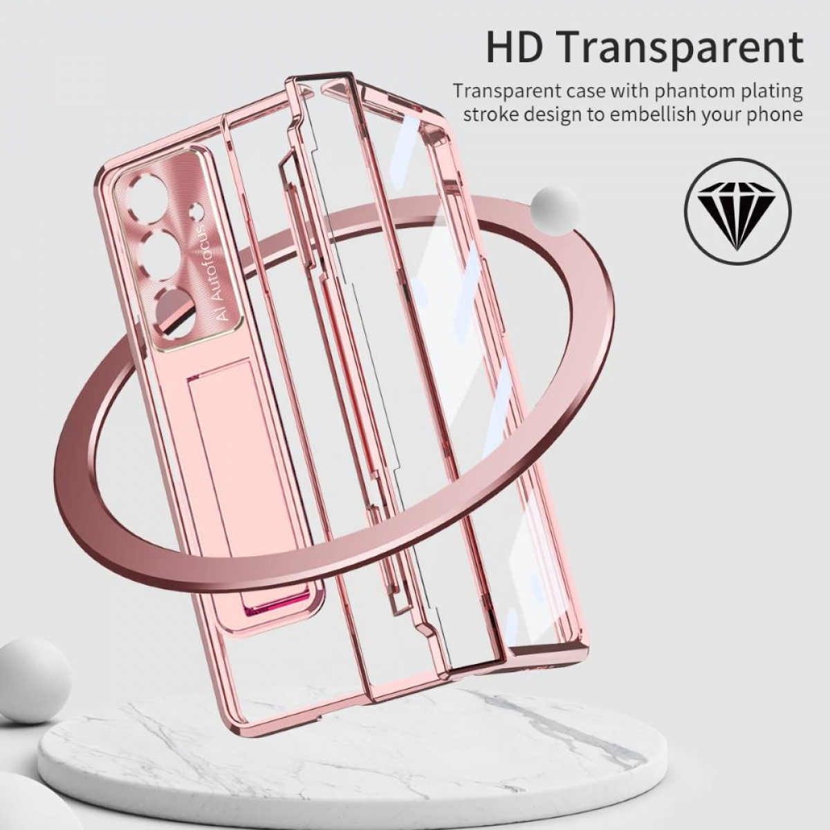 Transparente Hülle mit roséfarbenem Ring und „AI Autofocus“-Aufschrift.