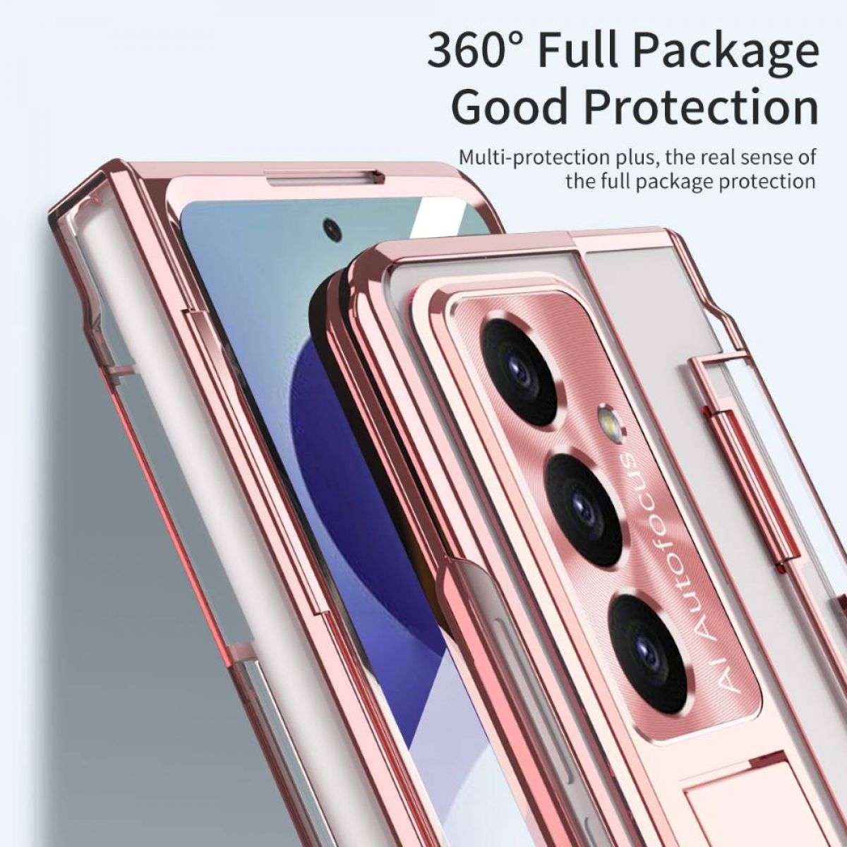 Ein roségoldenes Handy mit einem transparenten Gehäuse. Die Rückseite zeigt drei Kameras.