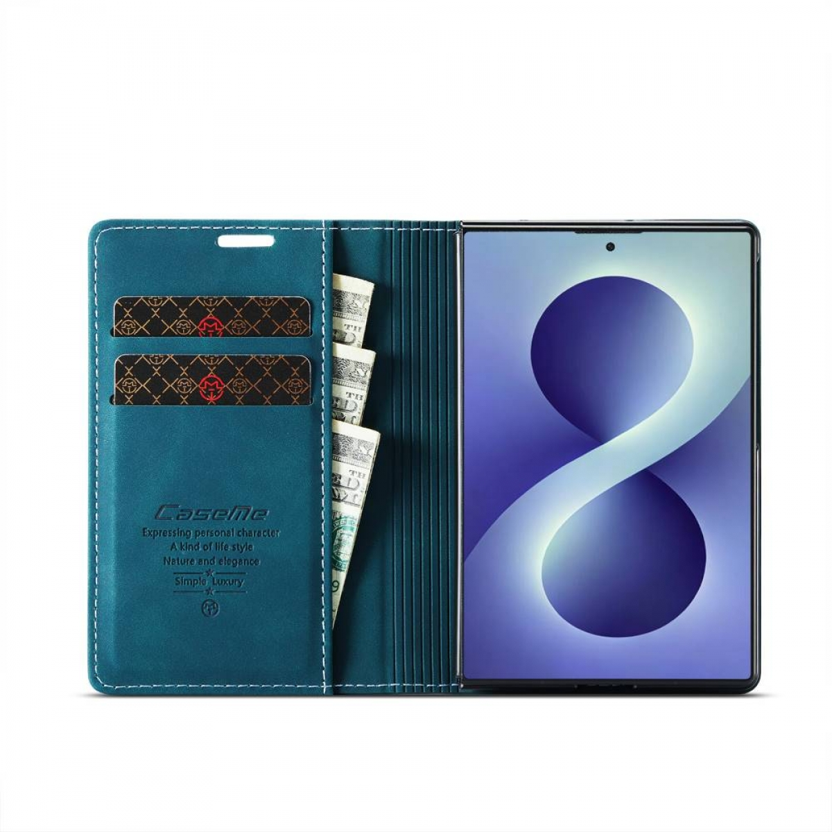 Eine blaue Brieftasche mit Kartenfächern und Geldscheinen, daneben ein Smartphone mit einer 8 auf dem Bildschirm.