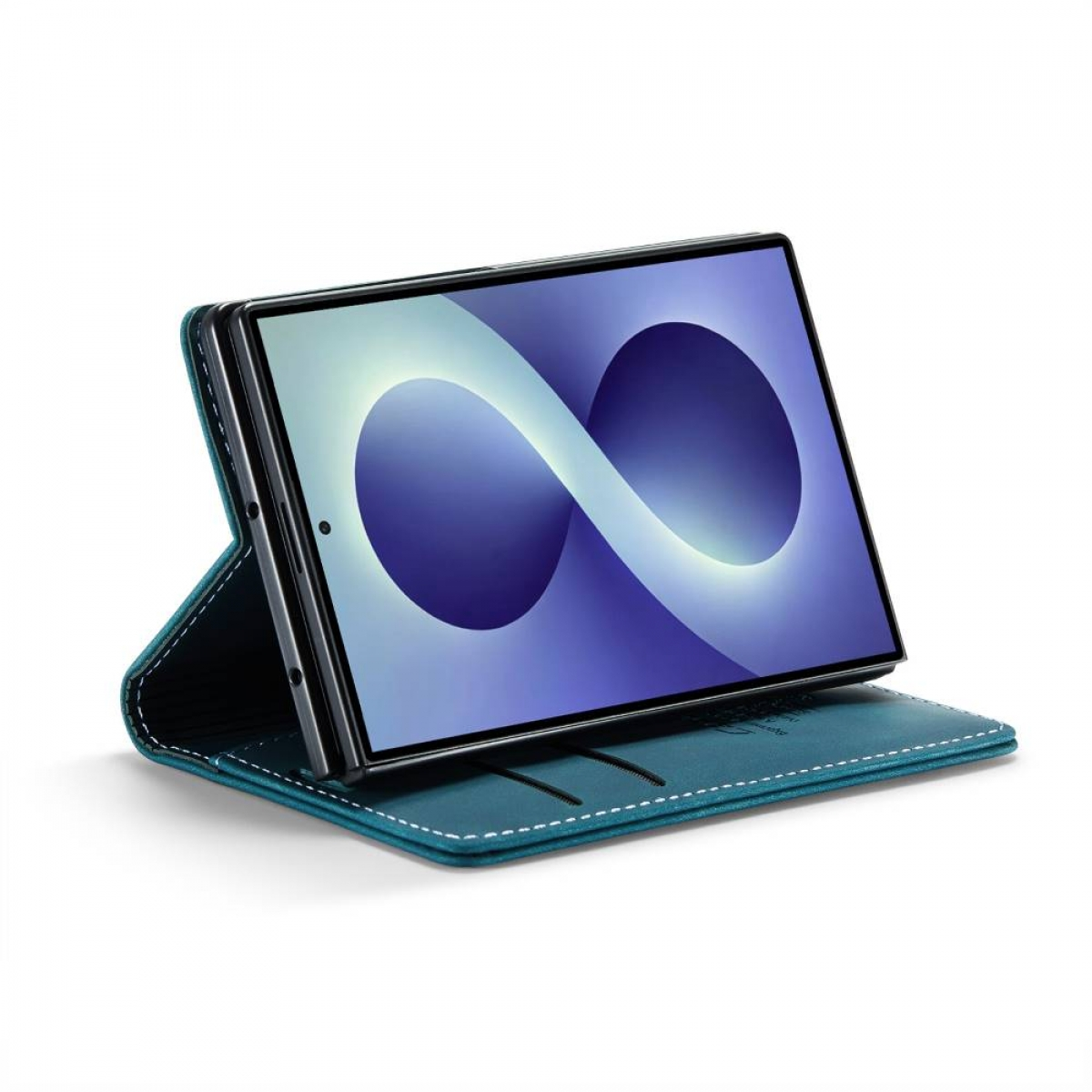 Ein Tablet in einem tealfarbenen Buch-Stil-Schutzhülle mit einer Unendlichkeitsschleife auf dem Bildschirm.