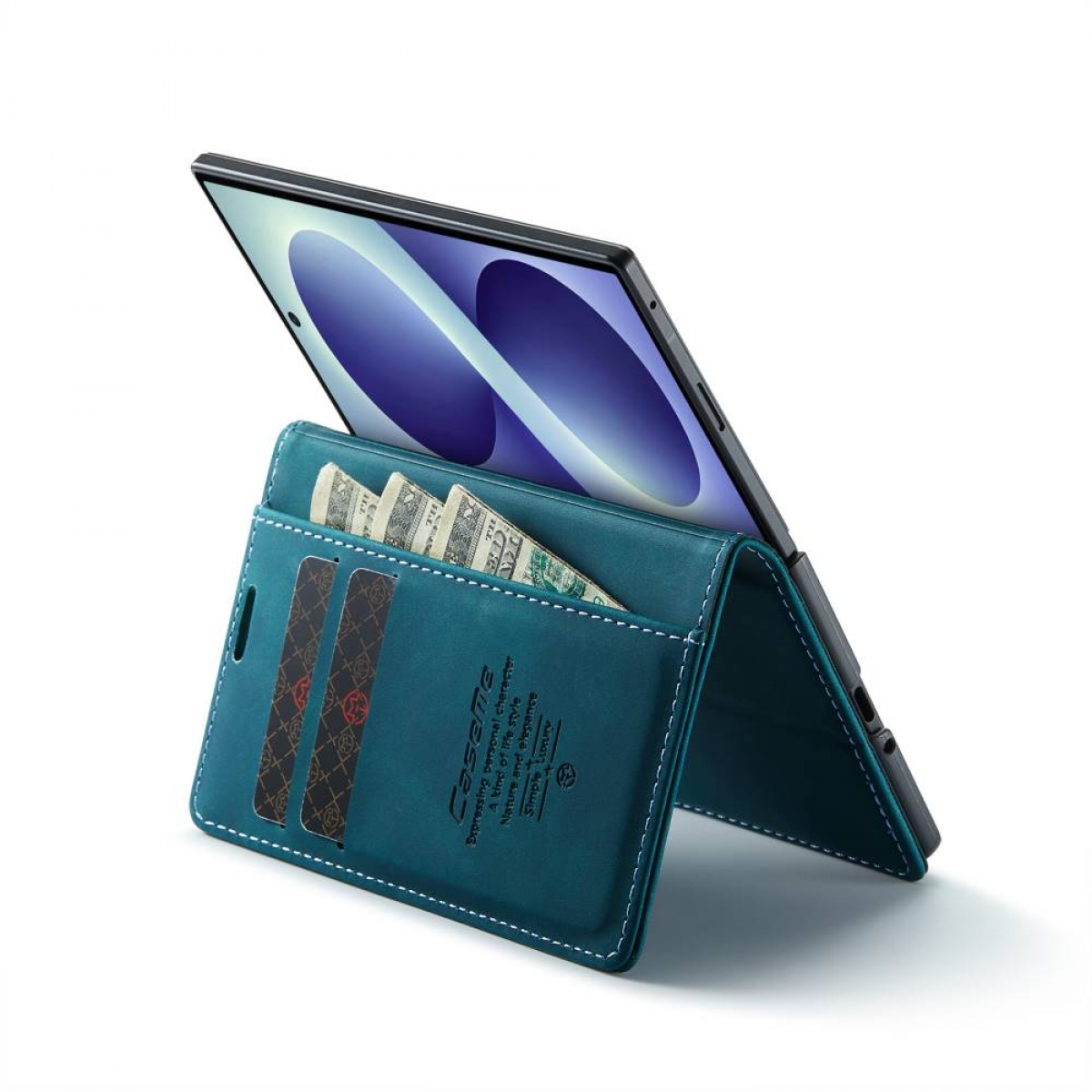 Ein blauer Leder-Wallet-Ständer für ein Tablet mit Geldscheinen und Kartenfächern.