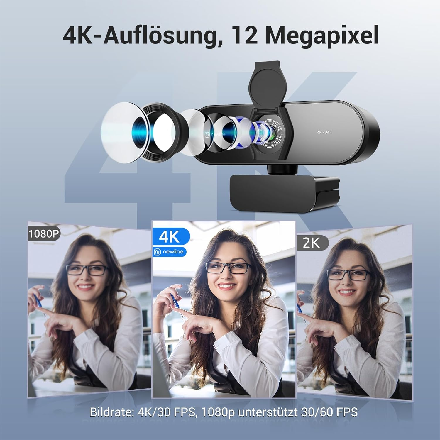 Webcam mit 4K Auflösung und 12 Megapixel. Zeigt 1080p, 4K und 2K Auflösungen.