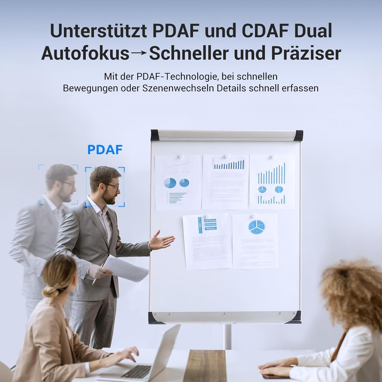 Männer in Anzügen präsentieren Diagramme auf einem Whiteboard. PDAF wird hervorgehoben.